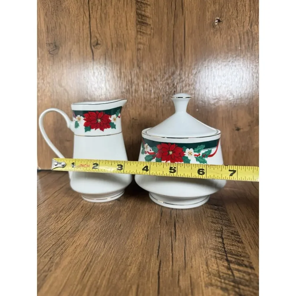 Vintage Tienshan Deck The Halls Christmas Sugar and Creamer Set, Poinsettias Red